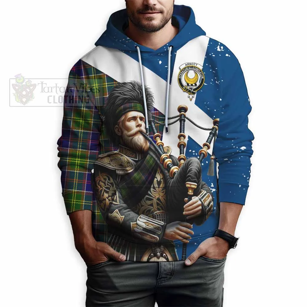 Arnott Tartan Hoodie with Family Crest Scottish Bagpiper Vibes