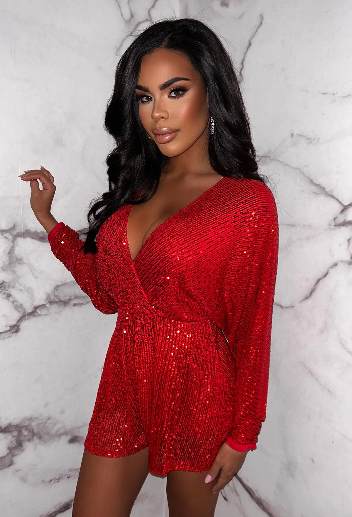 At The Club Red Sequin Stretch Playsuit