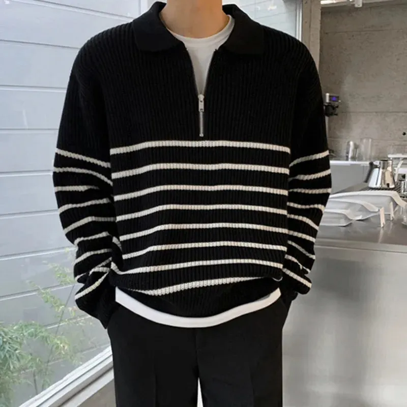 Autumn Men's Lapel Sweater Long Sleeve Korean Loose Casual Half Zipper Striped Fashion Temperament Male Pullover 9A5791