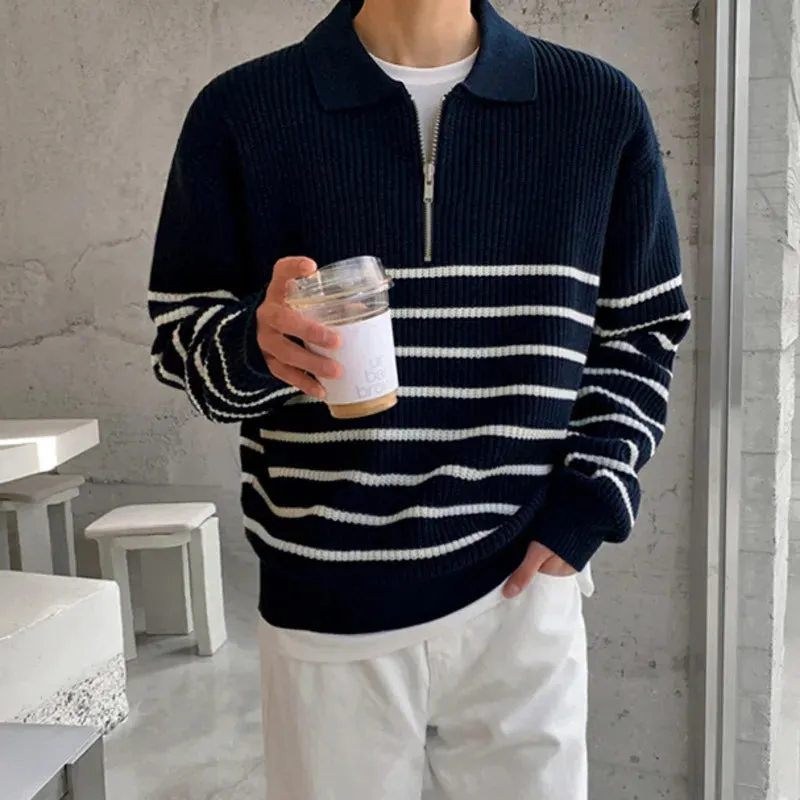 Autumn Men's Lapel Sweater Long Sleeve Korean Loose Casual Half Zipper Striped Fashion Temperament Male Pullover 9A5791