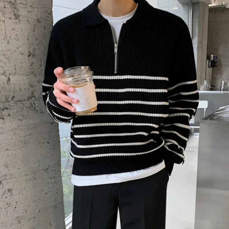 Autumn Men's Lapel Sweater Long Sleeve Korean Loose Casual Half Zipper Striped Fashion Temperament Male Pullover 9A5791