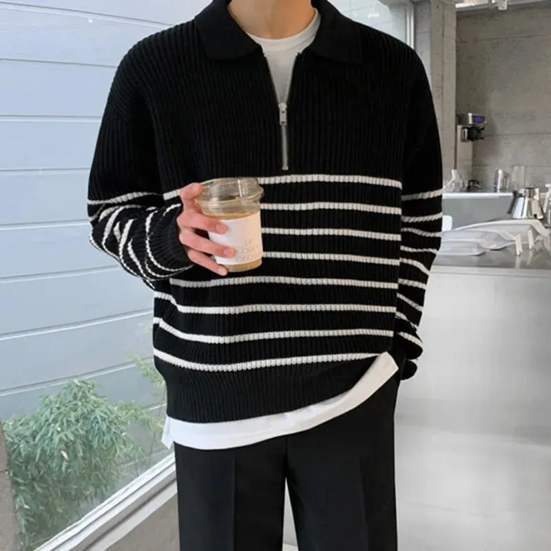 Autumn Men's Lapel Sweater Long Sleeve Korean Loose Casual Half Zipper Striped Fashion Temperament Male Pullover 9A5791