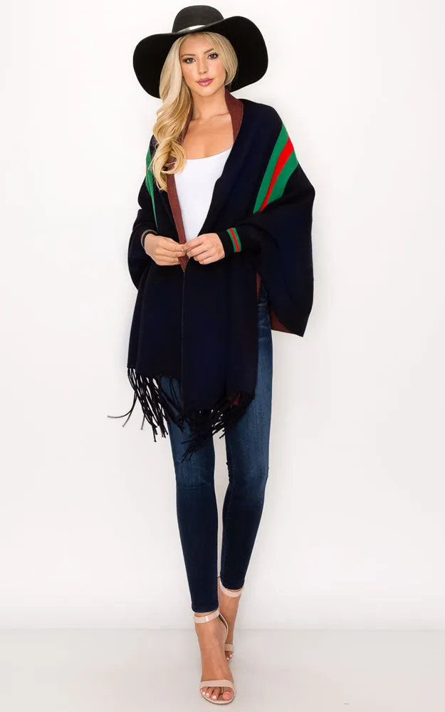 AV314 Stripe Accent Sleeve Cape Shawl with Fringe