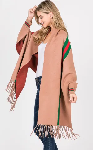 AV314 Stripe Accent Sleeve Cape Shawl with Fringe