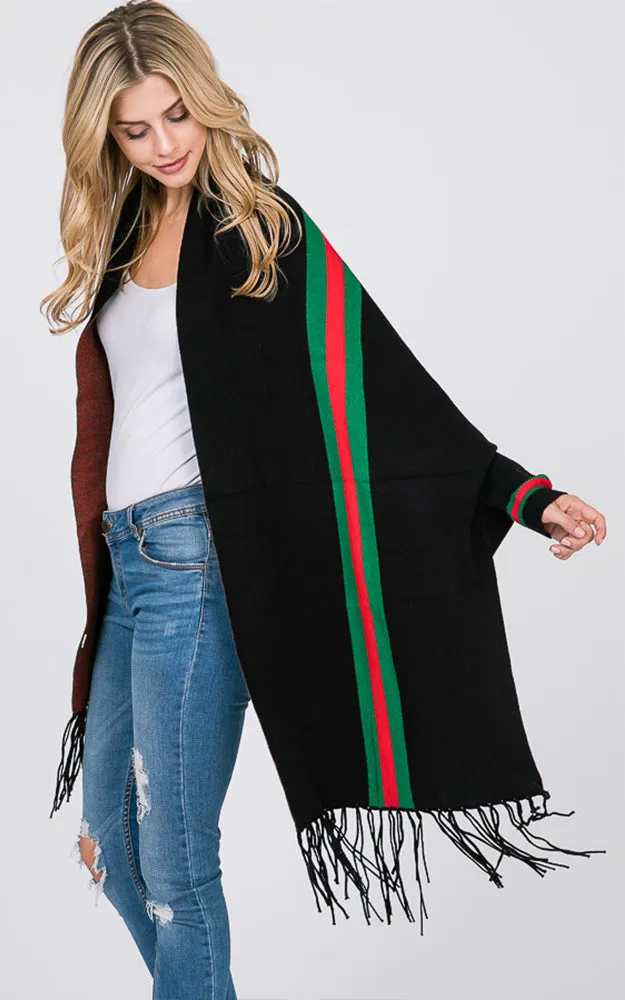 AV314 Stripe Accent Sleeve Cape Shawl with Fringe