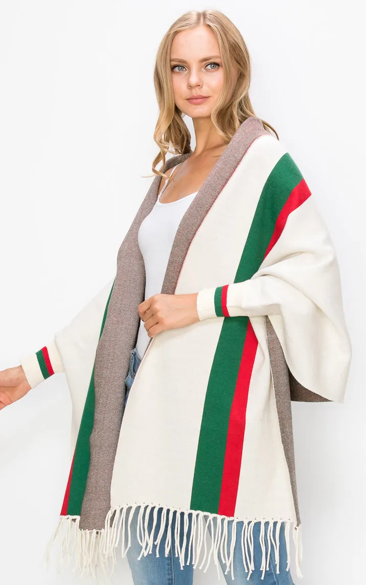 AV314 Stripe Accent Sleeve Cape Shawl with Fringe