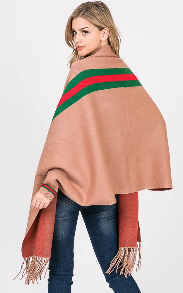 AV314 Stripe Accent Sleeve Cape Shawl with Fringe