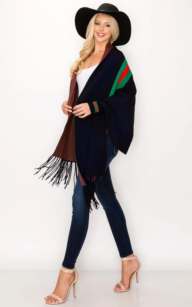 AV314 Stripe Accent Sleeve Cape Shawl with Fringe