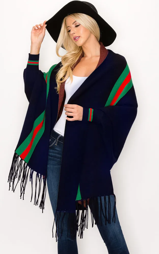 AV314 Stripe Accent Sleeve Cape Shawl with Fringe