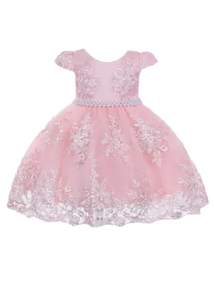 Baby Girls Blush Floral Embroidery Pearl Waist Flower Girl Dress 6-24 Months