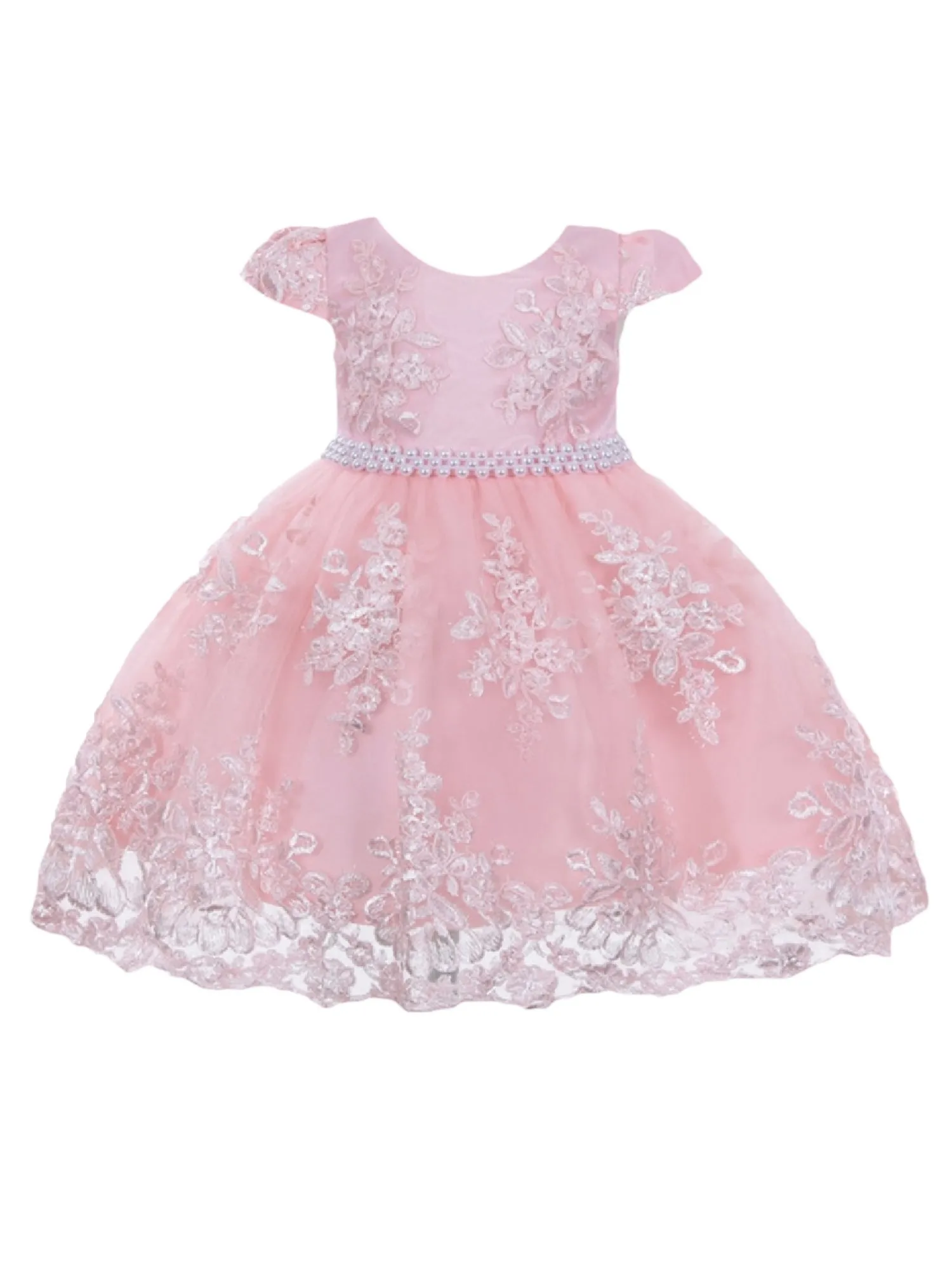 Baby Girls Blush Floral Embroidery Pearl Waist Flower Girl Dress 6-24 Months