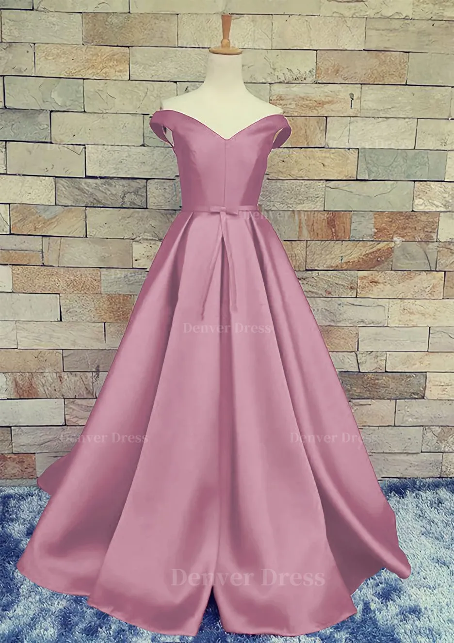 Ball Gown Off-The-Shoulder Sweep Train Satin Prom Dresses With Waistband