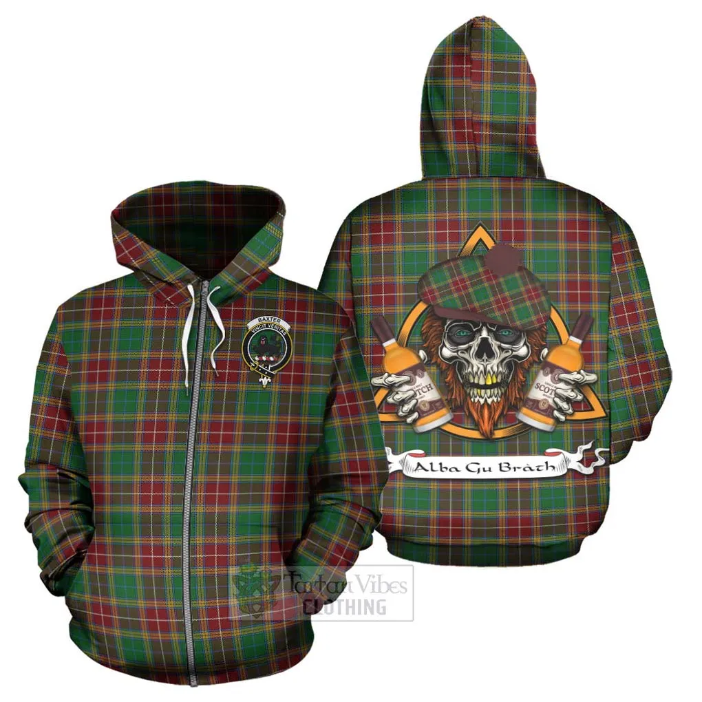 Baxter Tartan Hoodie with Family Crest and Bearded Skull Holding Bottles of Whiskey