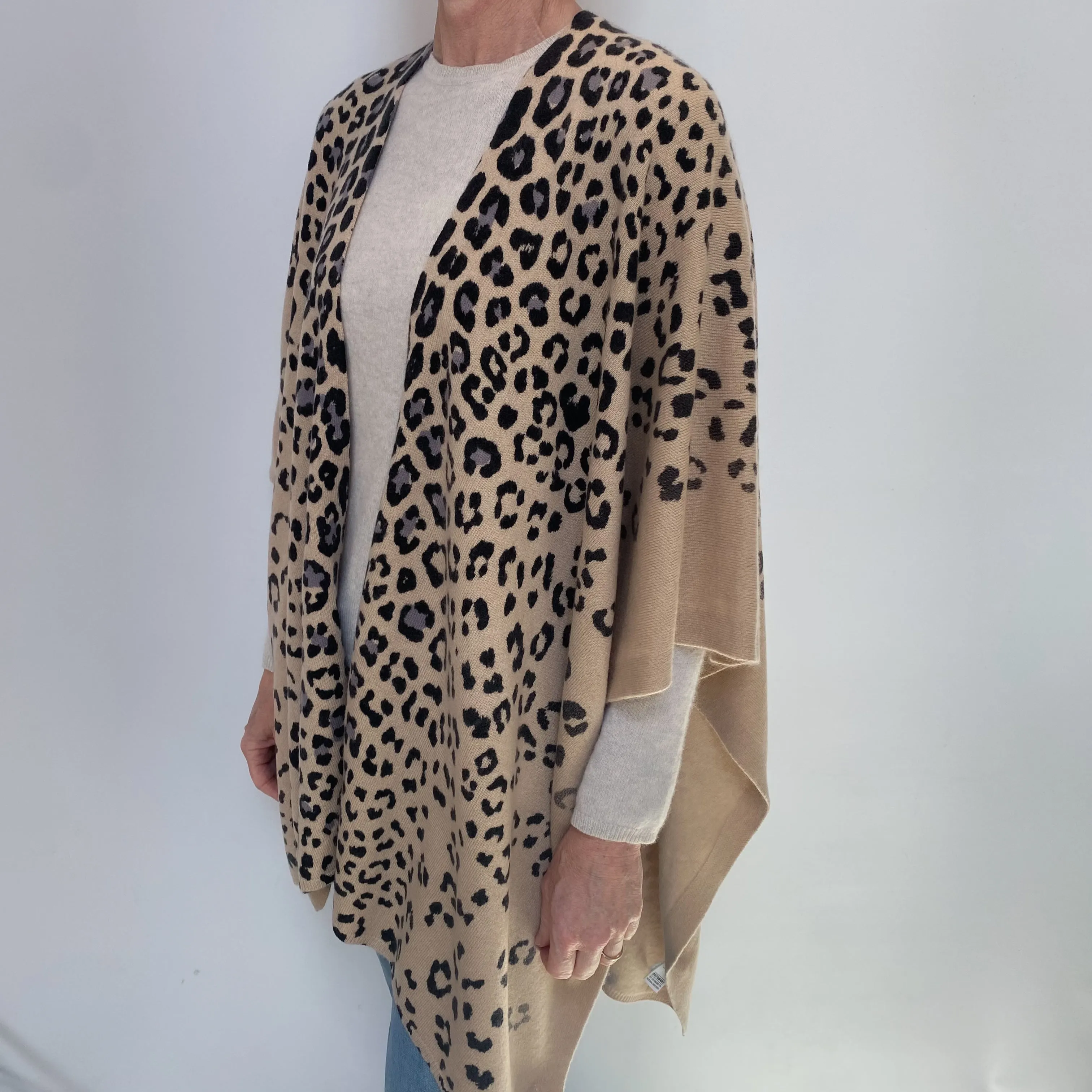 Beige Animal Print Cashmere Cape Style Wrap