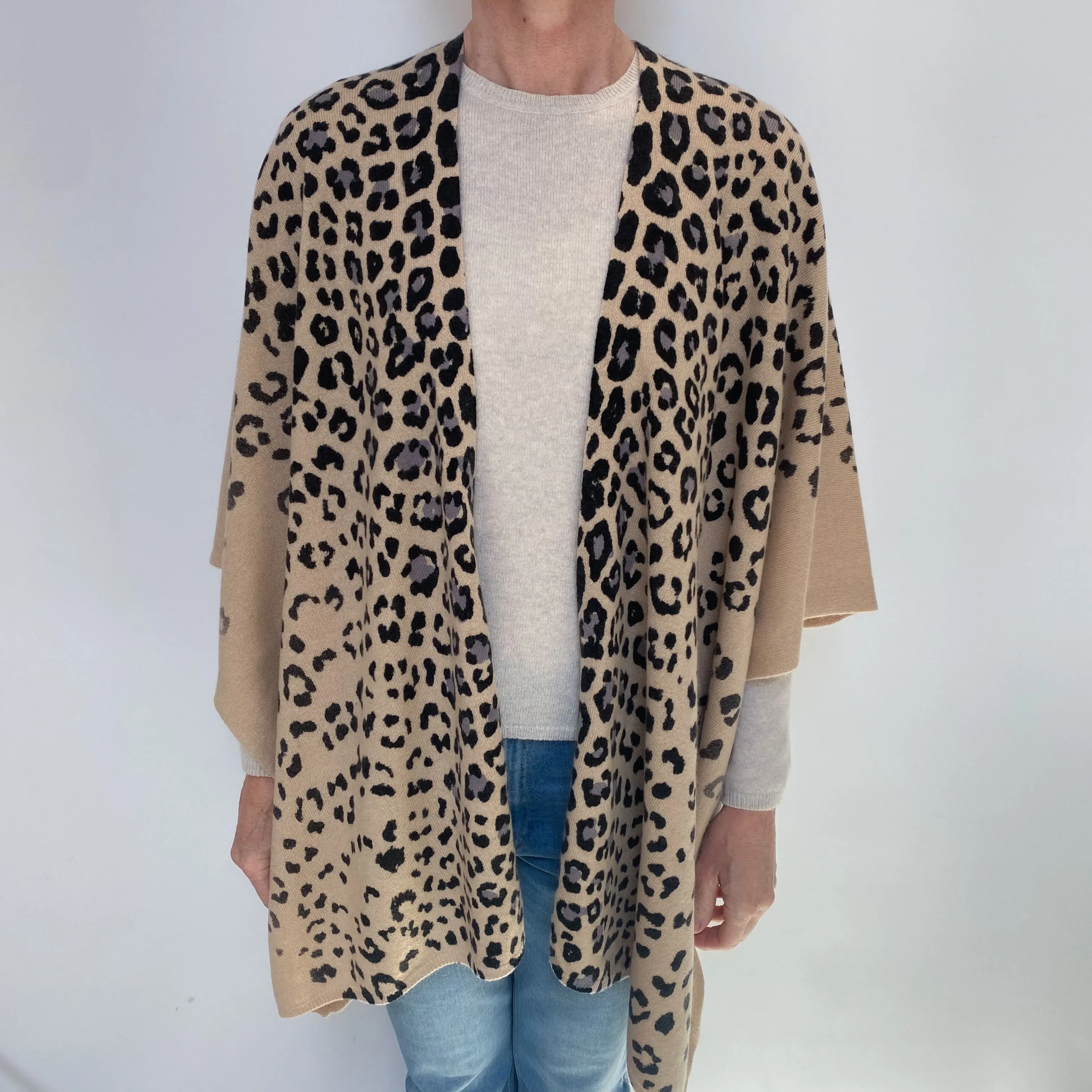 Beige Animal Print Cashmere Cape Style Wrap