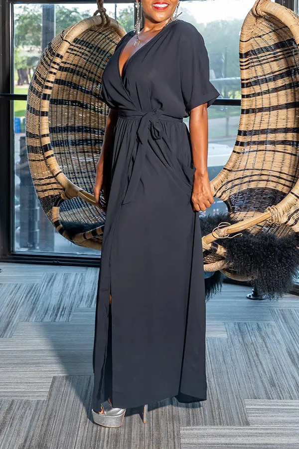 Belted Wrap Maxi Dress With Pocket