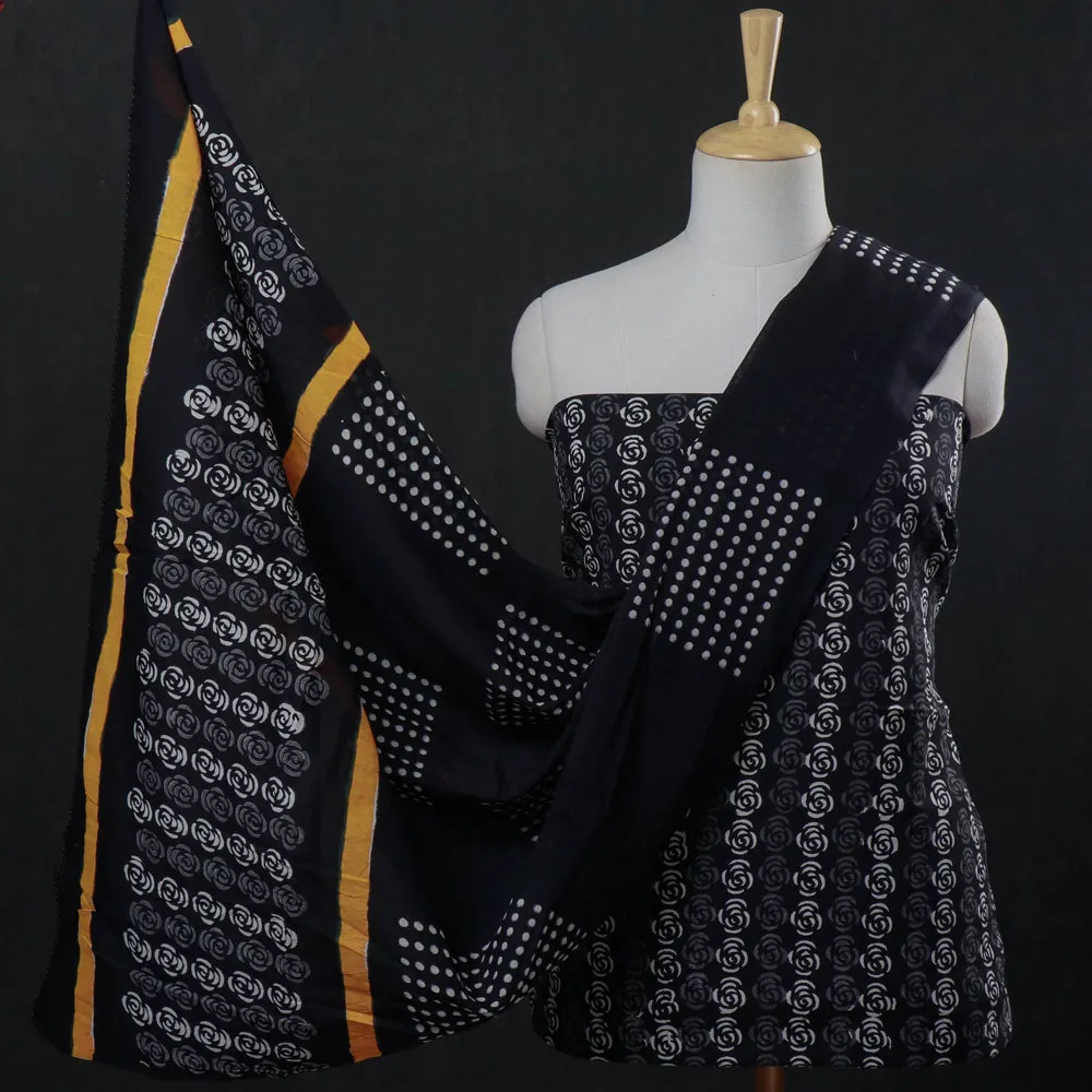 Black - 3pc Hand Block Printed Cotton Suit Material Set