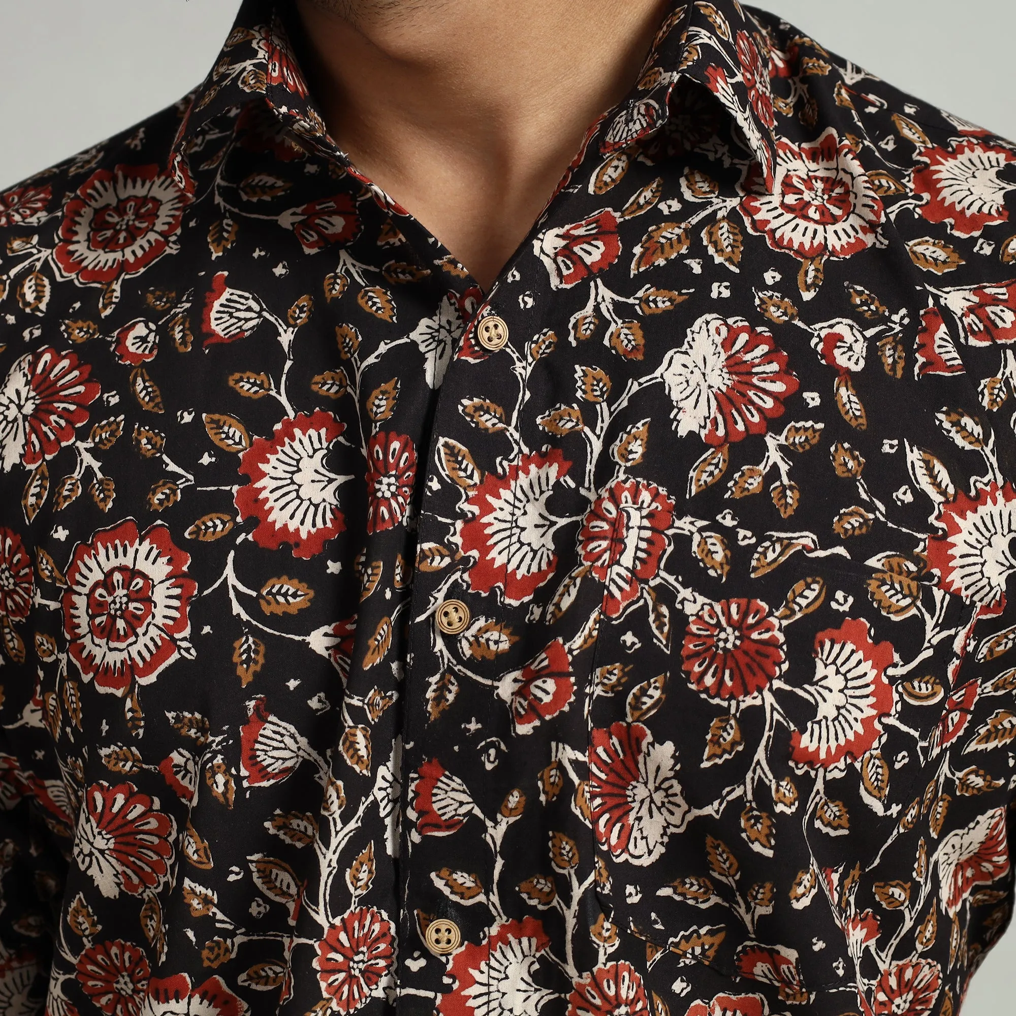 Black - Bagru Block Printed Cotton Men Half Sleeve Shirt