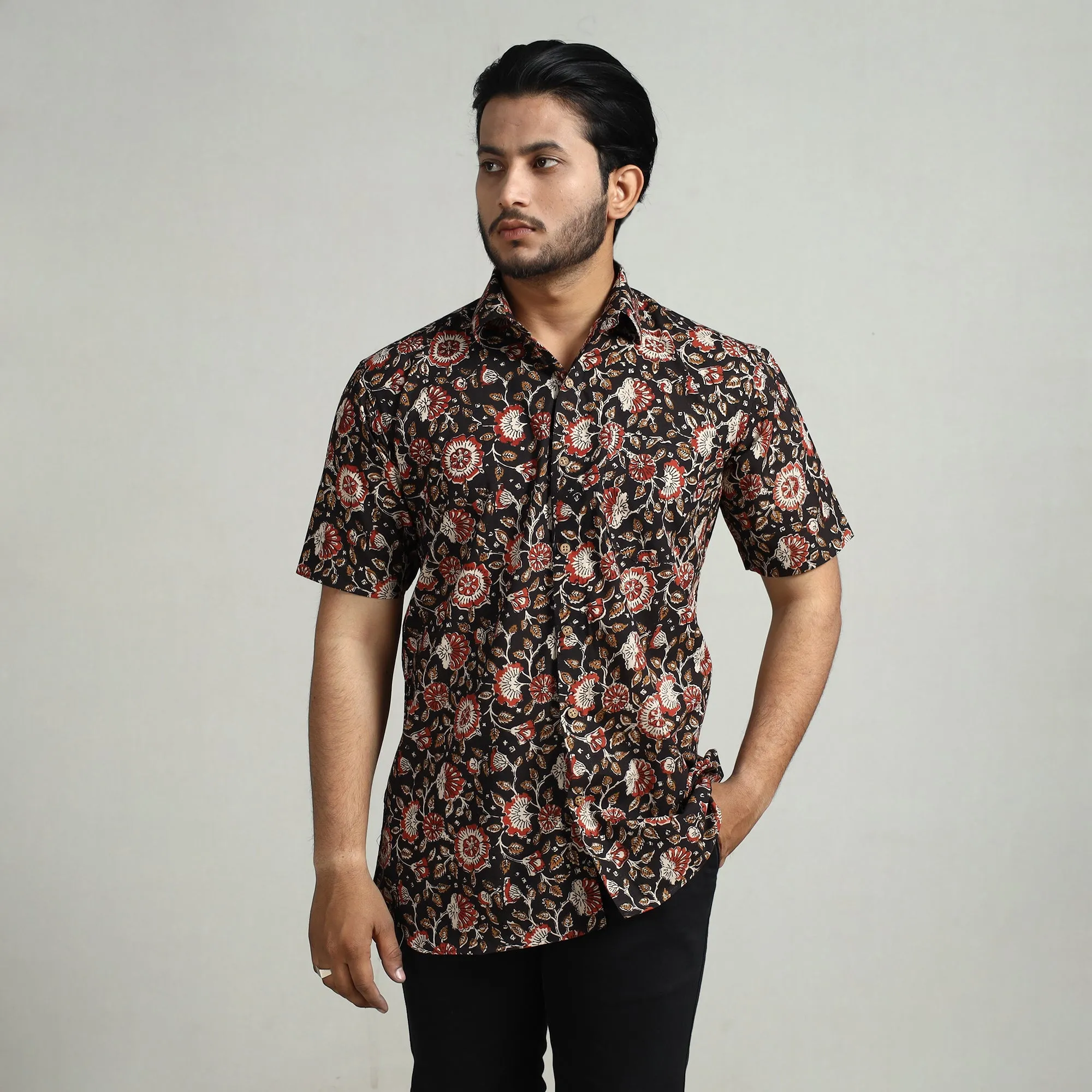 Black - Bagru Block Printed Cotton Men Half Sleeve Shirt