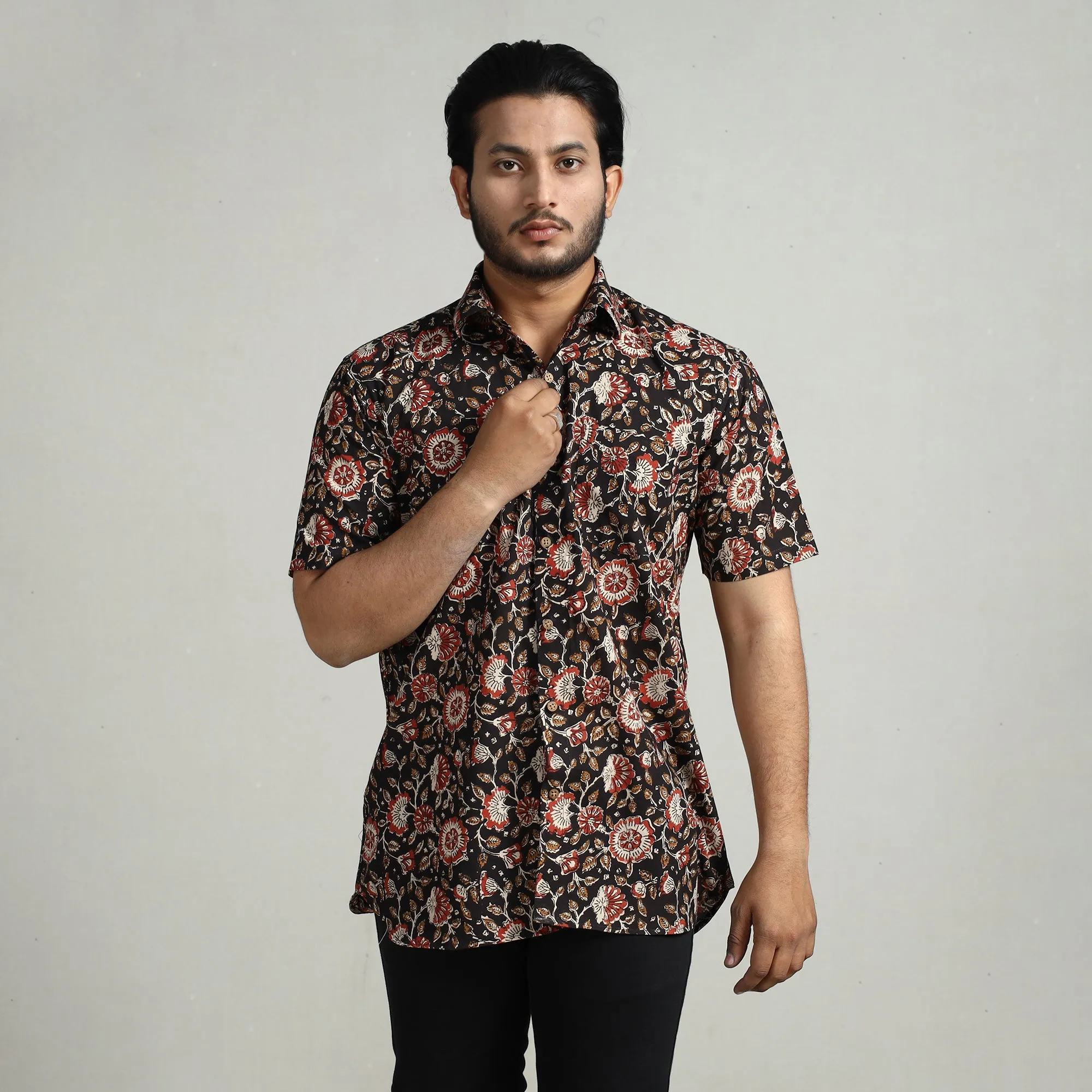 Black - Bagru Block Printed Cotton Men Half Sleeve Shirt