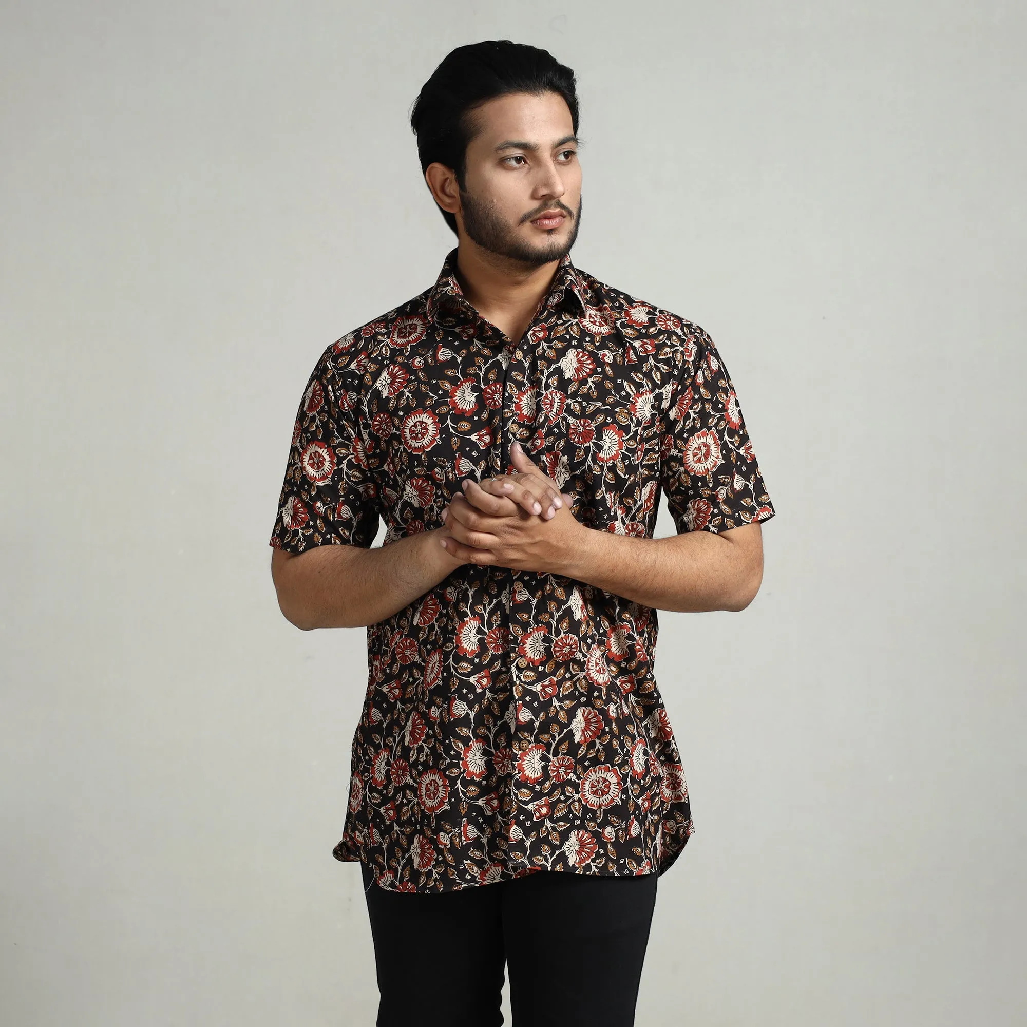 Black - Bagru Block Printed Cotton Men Half Sleeve Shirt