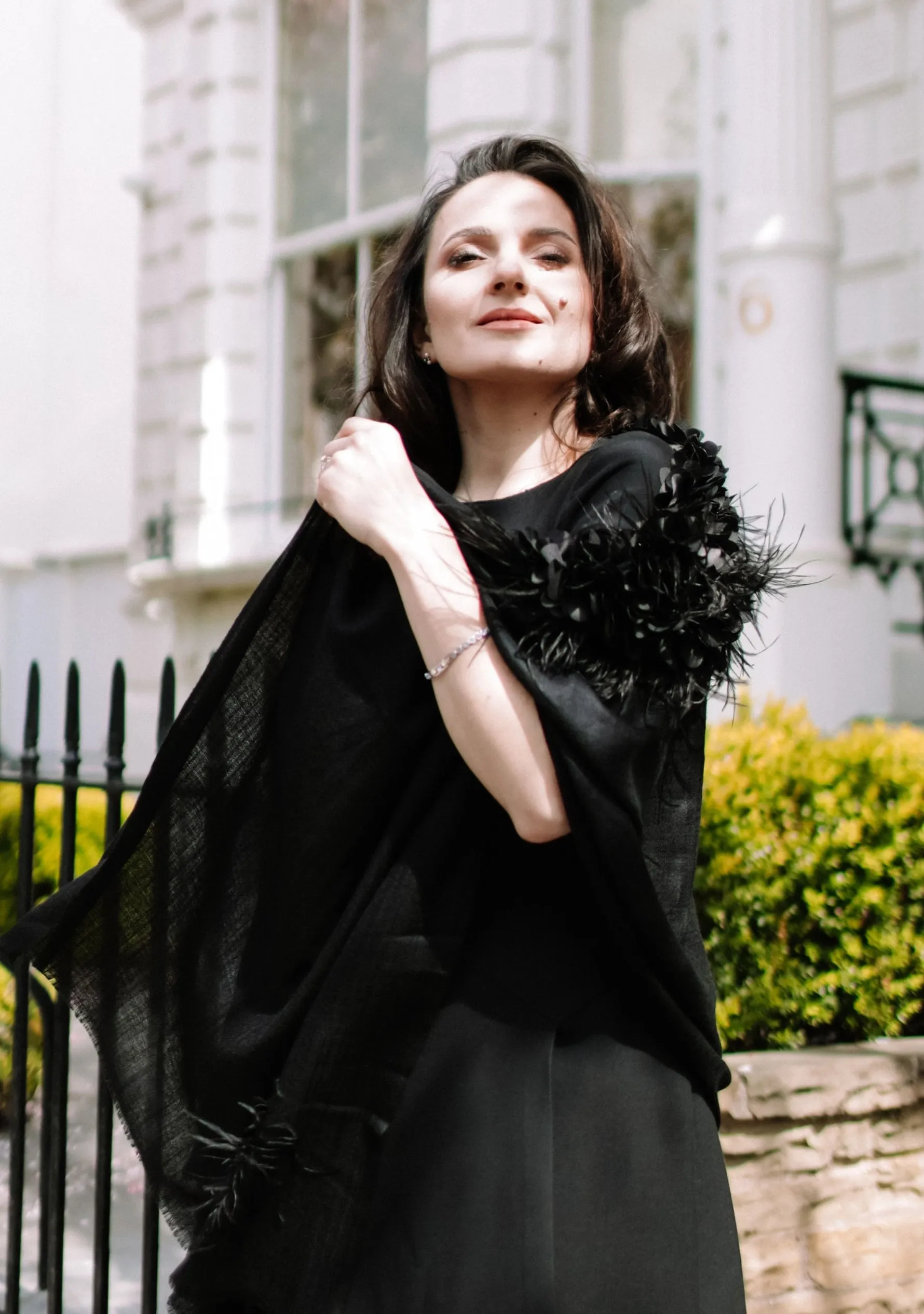 Black Cashmere Scarf with a Black Feather and Black Satin Leaf Collar and Appliques