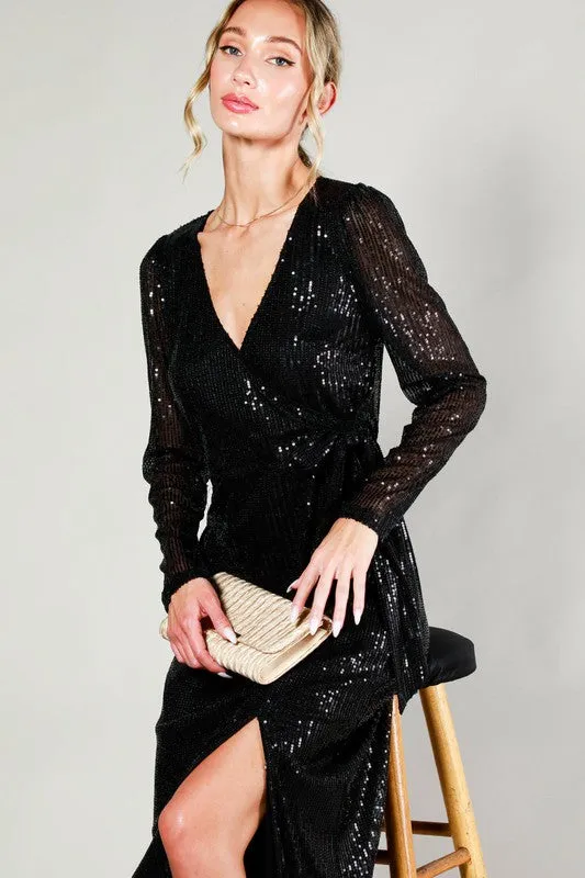 Black Long Sleeve Tie Waist Wrap Maxi Sequin Dress