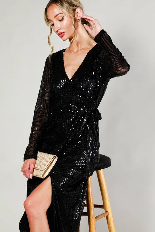 Black Long Sleeve Tie Waist Wrap Maxi Sequin Dress