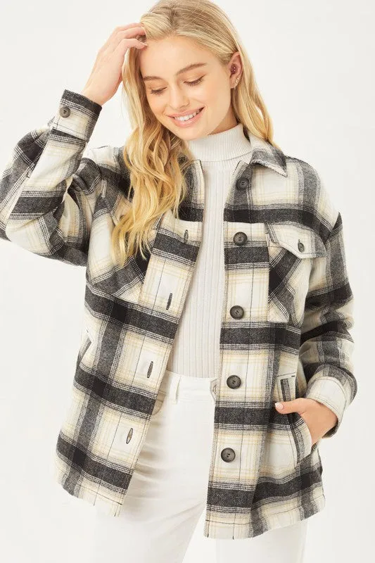 Black Plaid Button Up Jacket with Sherpa Lining