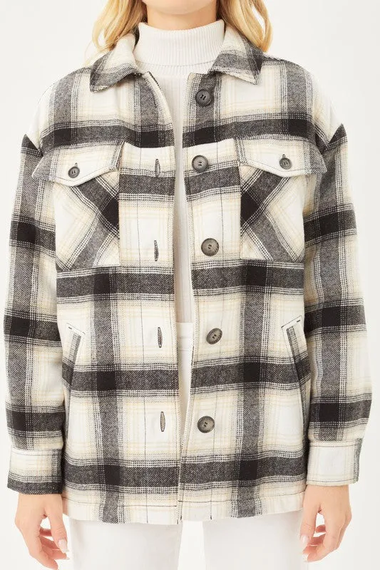 Black Plaid Button Up Jacket with Sherpa Lining