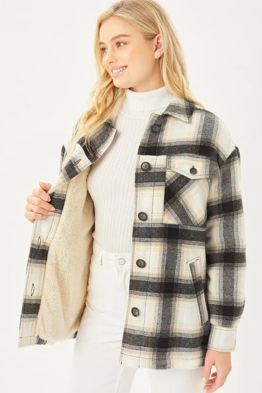 Black Plaid Button Up Jacket with Sherpa Lining