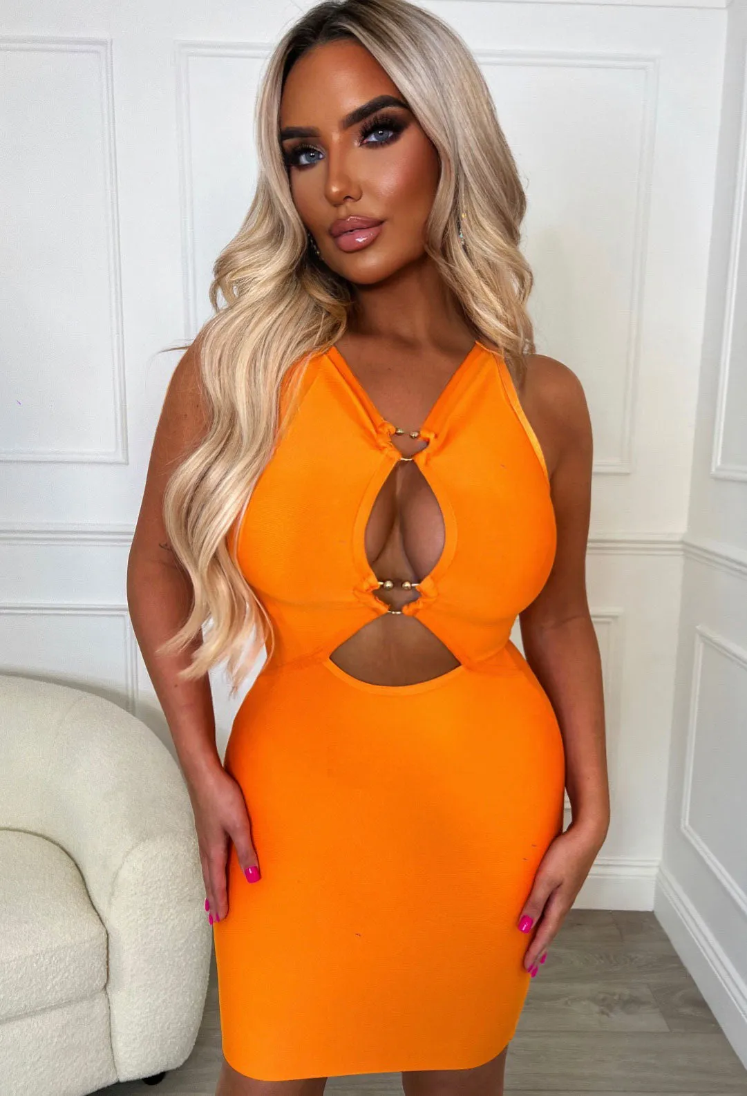 Bright Babe Orange Premium Cut Out Plunge Stretch Bandage Dress