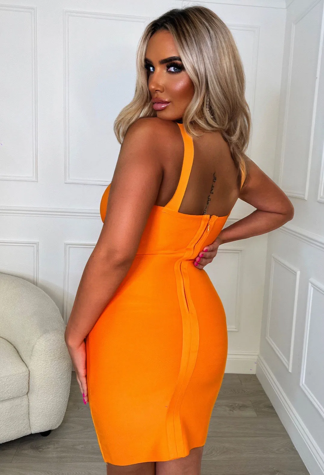 Bright Babe Orange Premium Cut Out Plunge Stretch Bandage Dress