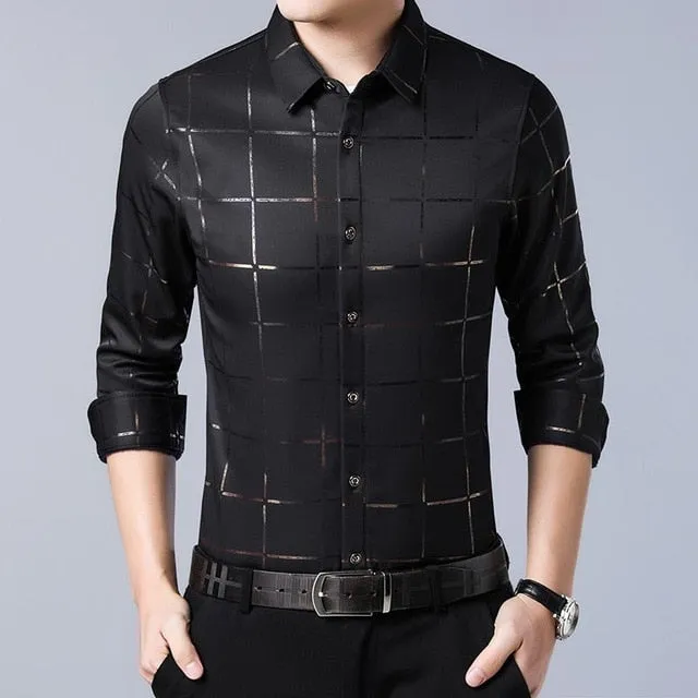 Casual Spring Luxury Plaid Long Sleeve Slim Fit Men Shirt