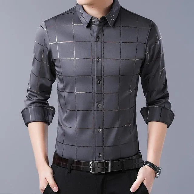 Casual Spring Luxury Plaid Long Sleeve Slim Fit Men Shirt