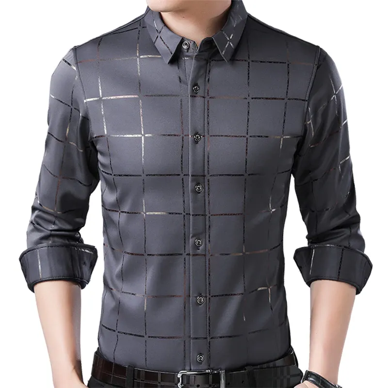 Casual Spring Luxury Plaid Long Sleeve Slim Fit Men Shirt