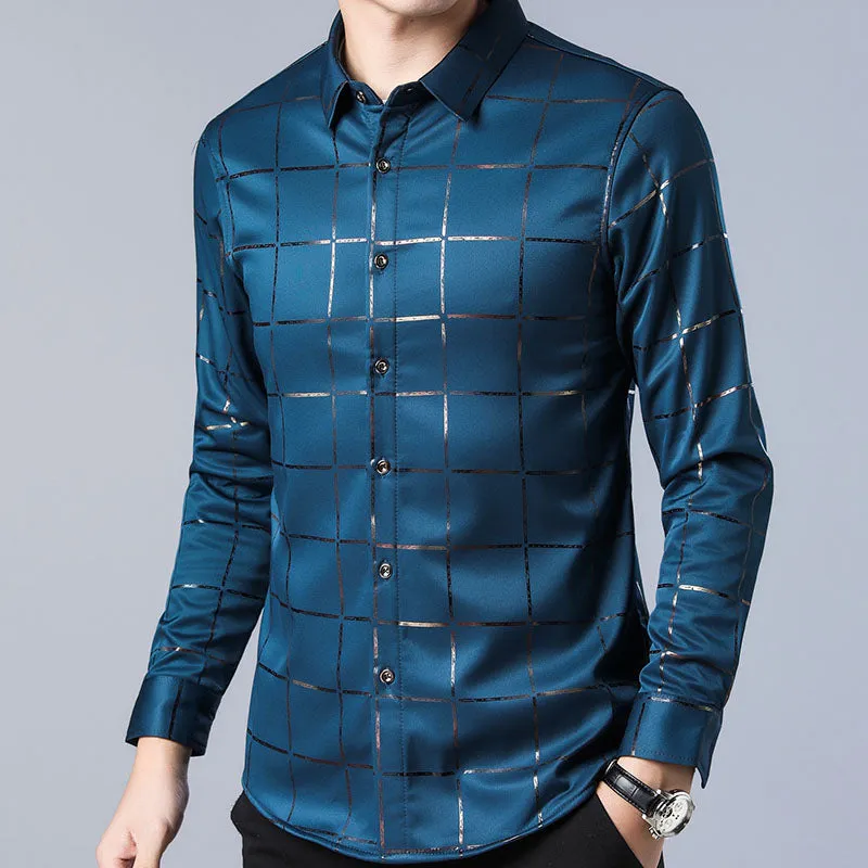 Casual Spring Luxury Plaid Long Sleeve Slim Fit Men Shirt