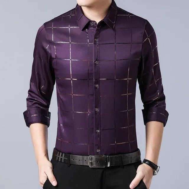 Casual Spring Luxury Plaid Long Sleeve Slim Fit Men Shirt