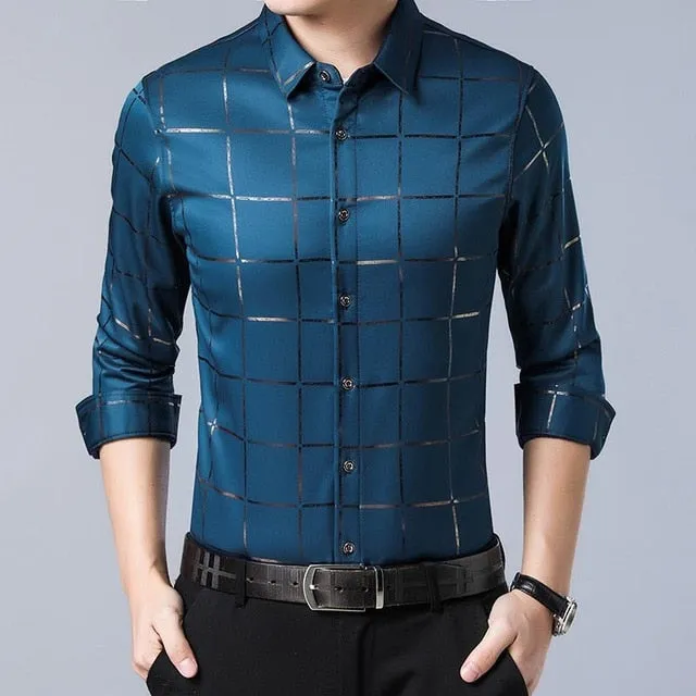 Casual Spring Luxury Plaid Long Sleeve Slim Fit Men Shirt