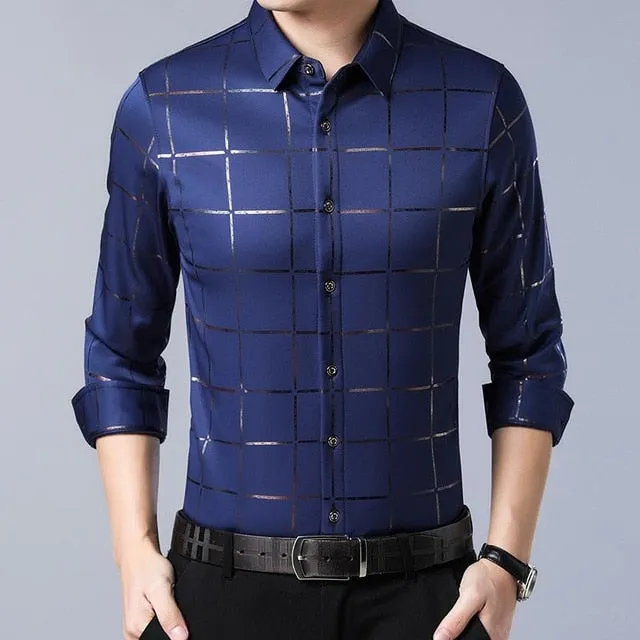 Casual Spring Luxury Plaid Long Sleeve Slim Fit Men Shirt