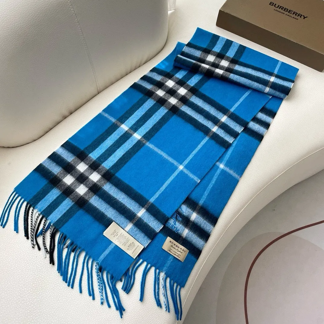 CHECK SCARF 180 CM IN AZURE BLUE MIX BLACK CASHMERE 405481