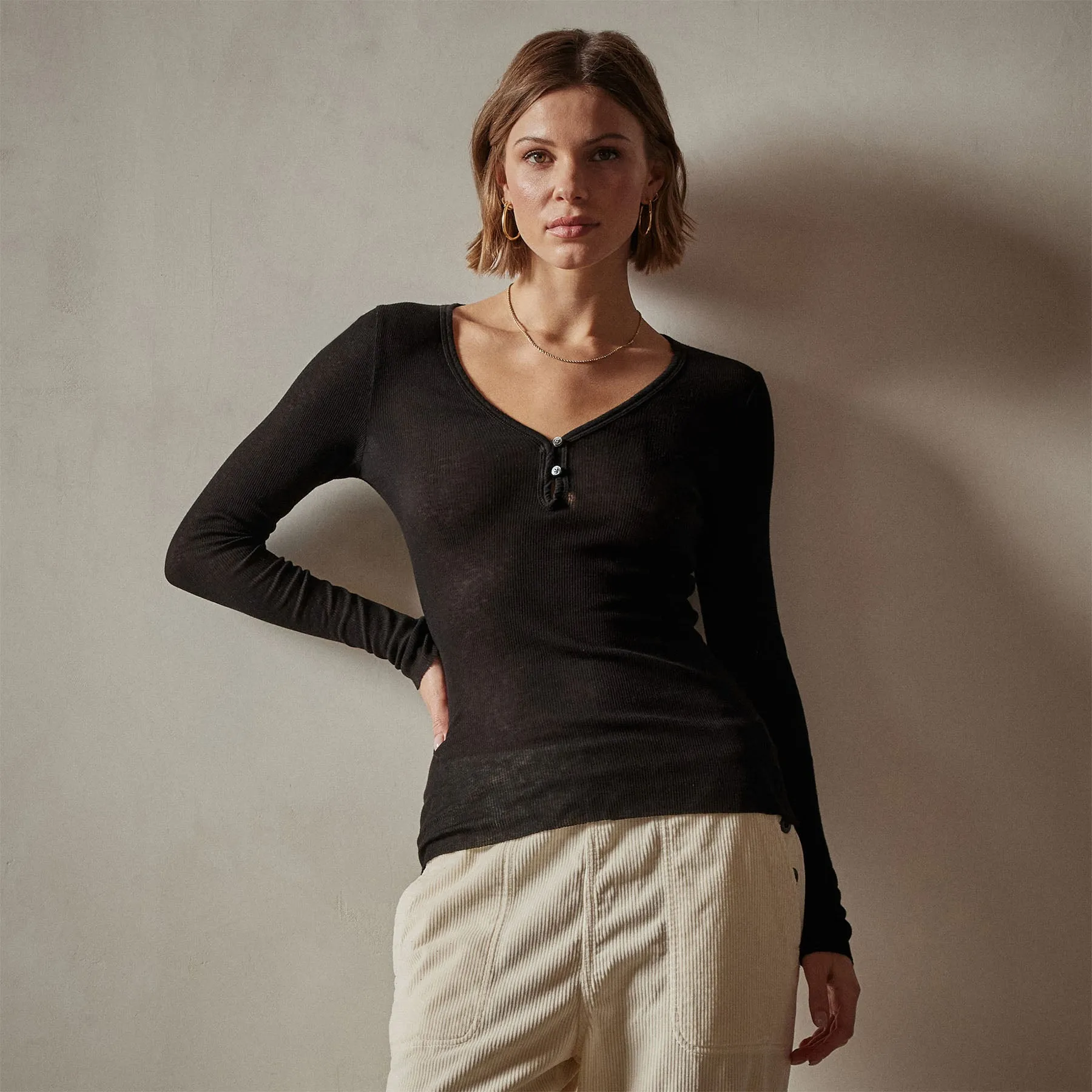 Cotton Cashmere Blend Ribbed Henley - Black