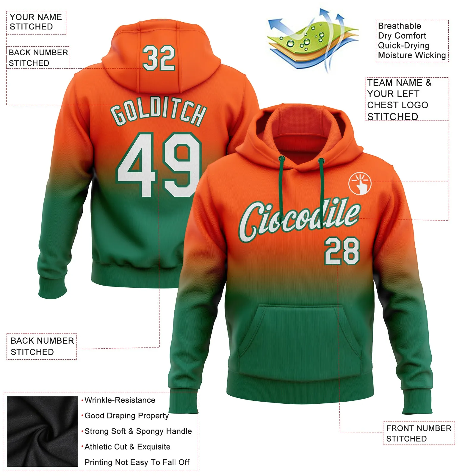 Custom Stitched Orange White-Kelly Green Fade Fashion Sports Pullover Sweatshirt Hoodie