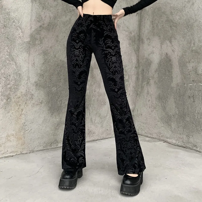 Dark autumn and winter Croesus bell flared trousers suede embossed prints casual wide-leg pants for gothic girls