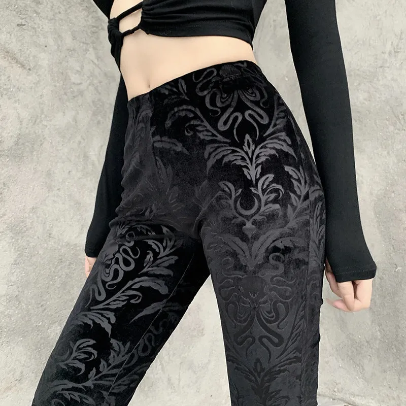 Dark autumn and winter Croesus bell flared trousers suede embossed prints casual wide-leg pants for gothic girls