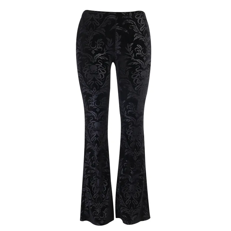 Dark autumn and winter Croesus bell flared trousers suede embossed prints casual wide-leg pants for gothic girls