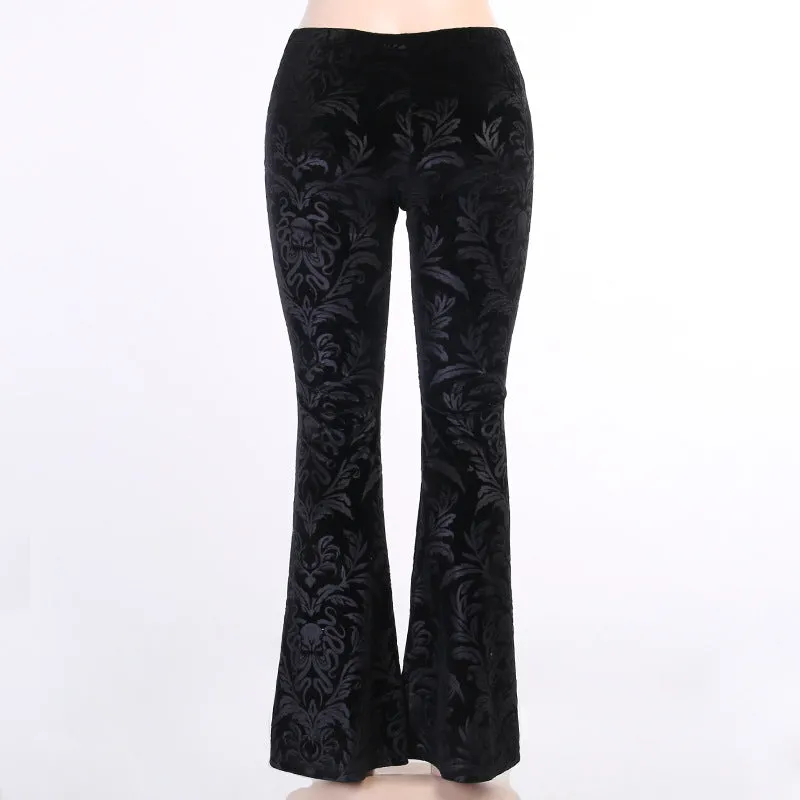 Dark autumn and winter Croesus bell flared trousers suede embossed prints casual wide-leg pants for gothic girls