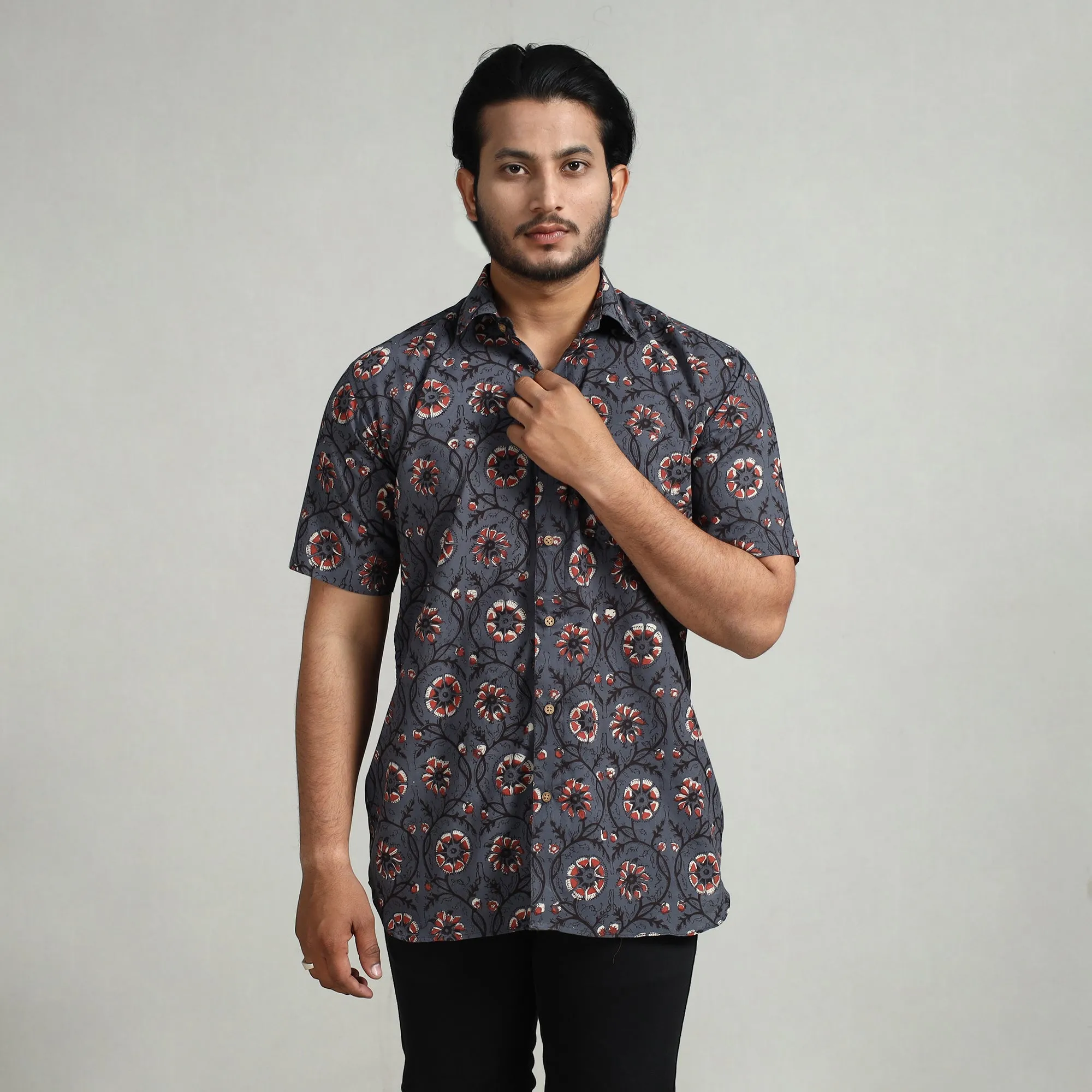 Dark Grey - Bagru Block Printed Cotton Men Half Sleeve Shirt