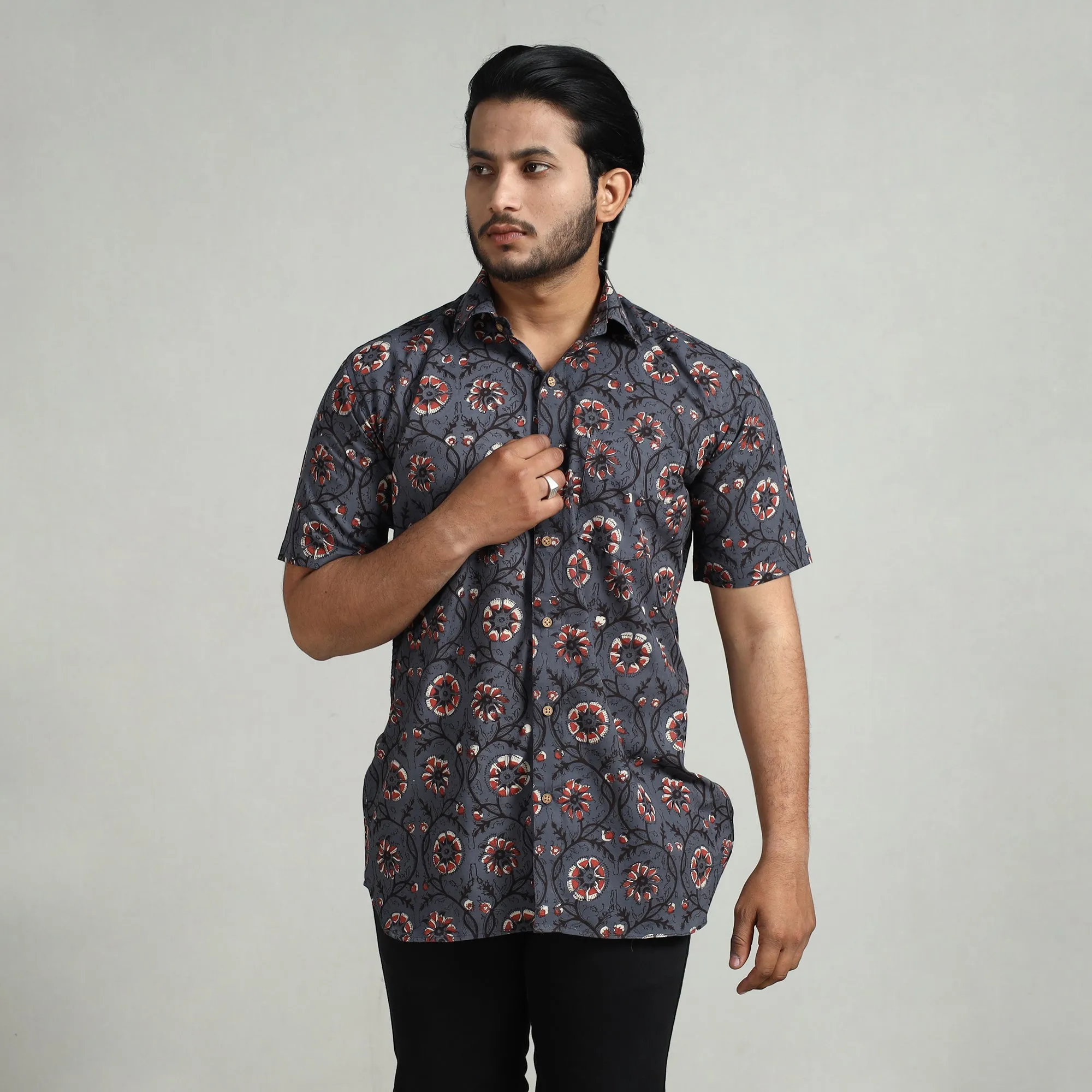 Dark Grey - Bagru Block Printed Cotton Men Half Sleeve Shirt