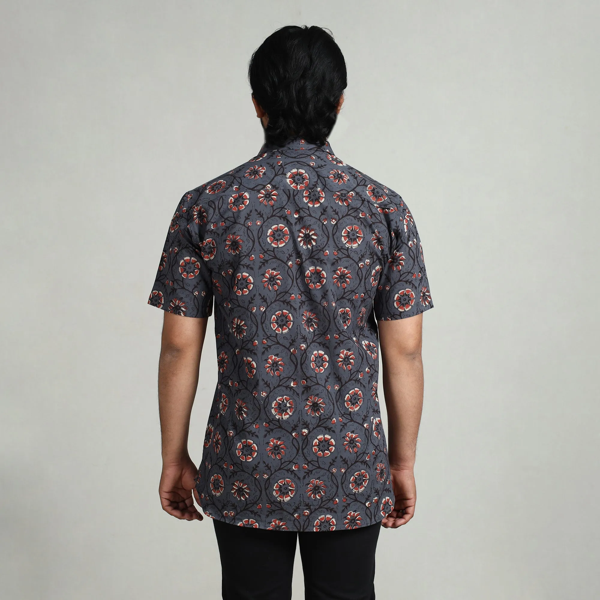 Dark Grey - Bagru Block Printed Cotton Men Half Sleeve Shirt